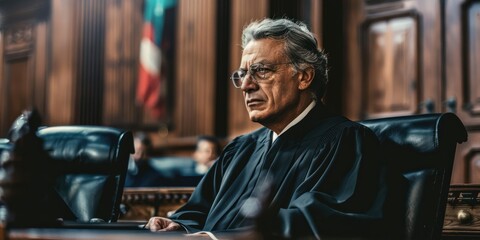 A judge in a black robe presiding over a court session.  - obrazy, fototapety, plakaty