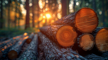 Sawn and stacked tree trunks in the forest - obrazy, fototapety, plakaty
