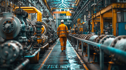 An industrial worker in high-visibility clothing walks down the central corridor of a busy, machinery-filled factory. - obrazy, fototapety, plakaty