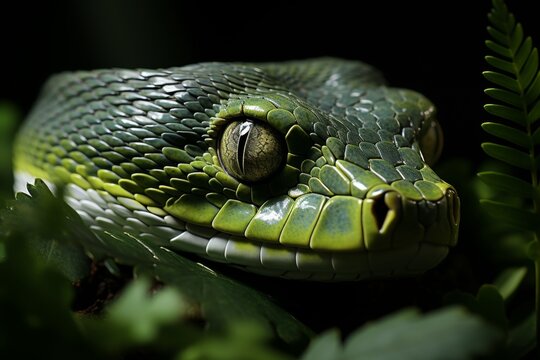 A lithe green tree python draped over the sturdy branch of a towering tree, its emerald scales blending seamlessly with the verdant foliage