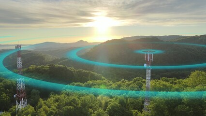 Telecommunication Tower Emitting Dangerous Radiation In Green Nature. 3D graphic