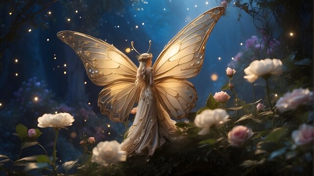 "An ethereal night unfolds, where magic and nature converge in a breathtaking display. A majestic butterfly, its wings adorned with intricate patterns, dances amidst a backdrop of golden glitter and d