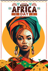 Africa Day. Black Girl Portrait Art Colorful Vector Style
