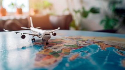 Traveling, tourism, international flights with flying airplane model and worldmap