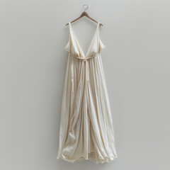 An ivory evening gown displayed on a wooden hanger against an empty background, highlighting its flowing fabric and design.