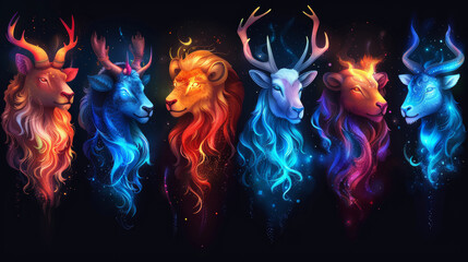 Abstract image of different animal heads in neon colors