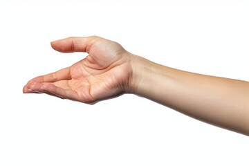 Woman hand holding grabbing or measuring something isolated on white background, with clipping path.  Five fingers. Full Depth of field. Focus stacking. PNG, Generative AI  - obrazy, fototapety, plakaty