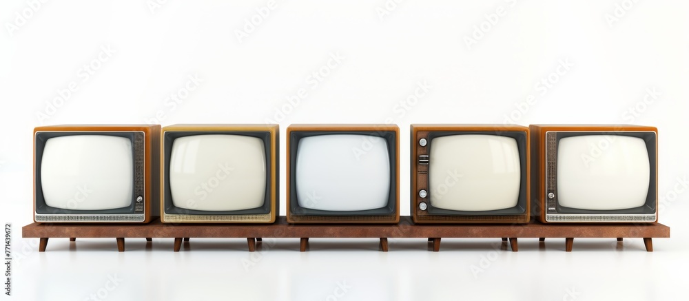 Poster a display of old televisions arranged symmetrically in a row on a wooden stand. the electronic devic
