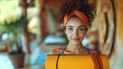 Portrait of happy girl wearing sports clothes and holding mat at aerial yoga class.