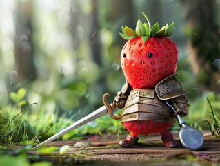 A strawberry character dressed as a knight brandishing a toothpick sword - obrazy, fototapety, plakaty