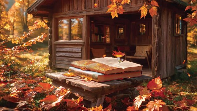 The timeless beauty of an antique wooden house and a park bench filled with reading books, capture the essence of autumn in this enchanting 4K looping video.