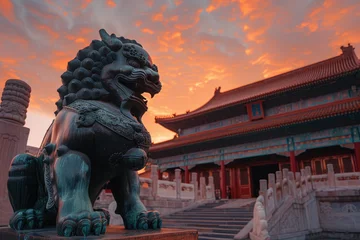 Foto op Plexiglas In the ancient Chinese Forbidden City, there is an oversized bronze lion and copper ball on both sides of its feet. © Kien
