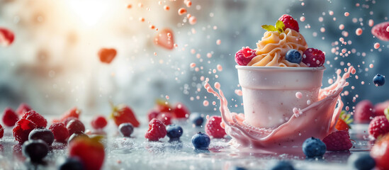 Coppa di gelato ai frutti di bosco contornata da fragole, mirtilli e lamponi - obrazy, fototapety, plakaty