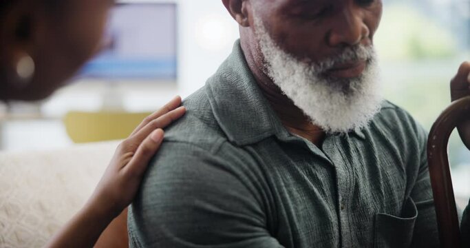 Doctor, patient or hands of empathy at hospital with bad news, diagnosis or cancer discussion for man with walking stick. Clinic, comfort or nurse and old male with a disability together with support