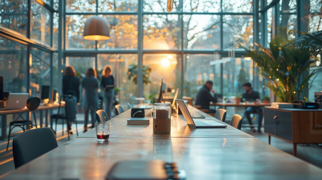 Modern workplace bathed in the warm glow of sunset, featuring a relaxed office environment.