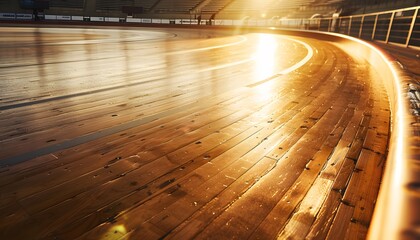 Velodrome Olympic Cycling Track Indoors Closeup with dramatic lighting at sunset - obrazy, fototapety, plakaty