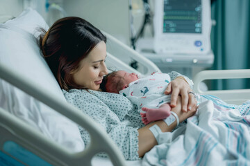 Cheerful new mother carrying and smiling to her newborn baby while resting on the hospital bed after giving birth - obrazy, fototapety, plakaty
