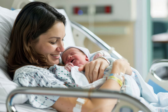 Cheerful new mother carrying and smiling to her newborn baby while resting on the hospital bed after giving birth