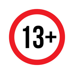 Age restriction for 13 plus vector illustration. Person under 13 not allowed sign, number thirteen in red line isolated circle badge for age limit of forbidden restricted social media content, movie