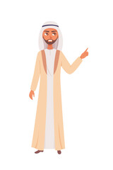 Presentation of arabian business man. Muslim male with pointing hand. Office, work, lecture, seminar design. Cartoon vector illustration isolated on white. Saudi teacher, manager, engineer, worker
