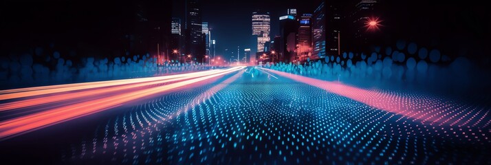 a striking halftone dot pattern in bold blue and white, long exposure light pink and orange light, street night, background aspect ratio 3:1