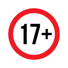 Age restriction for 17 plus vector illustration. Person under 17 not allowed sign, number seventeen in red line isolated circle badge for age limit of forbidden restricted social media content, movie