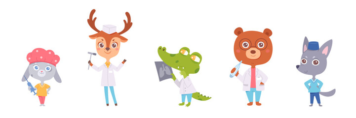 Cartoon animal doctors vector set. Funny cute smiling different animals with medical tools, stethoscope and syringe. Fun design for school, kindergarten, children, pediatric clinics and hospitals