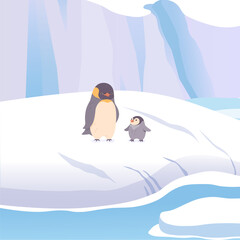 Penguin with baby in north pole on arctic iceberg vector. Cartoon cute nature winter ice cold freeze antarctica landscape with polar animals and snow mountains hills. Global climate warming problem