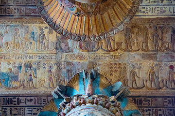 Incredible frescoes of the Temple of Esna, Temple of Khnum, colored hieroglyphs, ancient Egypt,...