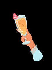 Woman hand with glass of alcohol cocktail or drink vector illustration isolated on black background. Female holds goblet with orange cocktail. People celebrating with toasts and cheering. Party time