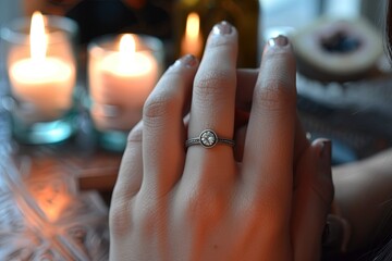 Naklejka premium Gilrs hand with a beautiful engagement ring