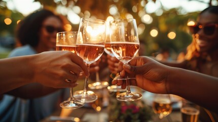 People cheers, making toasts with wine and champagne glasses at a party celebration with friends enjoy a warm summer evening, Generative AI 