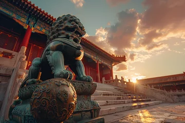 Gordijnen In the ancient Chinese Forbidden City, there is an oversized bronze lion and copper ball on both sides of its feet. © Kien