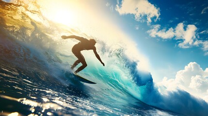 Silhouette of a surfer riding a powerful wave under a bright sunny sky with fluffy clouds. - obrazy, fototapety, plakaty