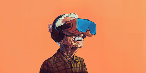 Stylish grandfather in VR headset, virtual travel, senior tech user, digital adventure, modern elder lifestyle illustration.