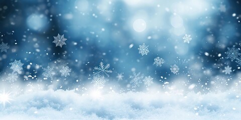 Falling snowflakes and Bokeh with white snow on a blue background, Generative AI 