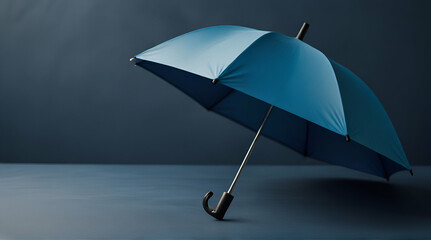 a blue umbrella is hanging upside down on a blue background with a shadow of a person holding an umbrella in the air, with a shadow of a blue background of a blue wall.generative.ai  - obrazy, fototapety, plakaty