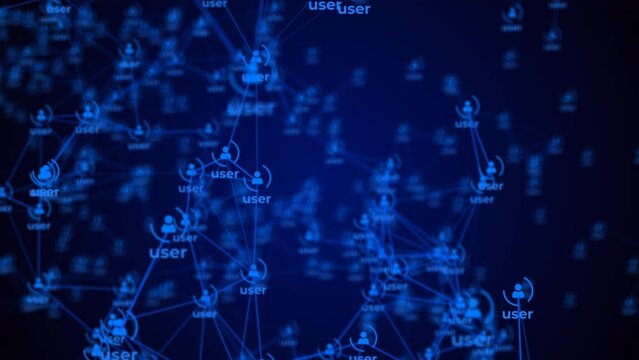 The technology concept supports a large number of users in the Internet website system. A small user icon above the online networking polygon slowly moves on dark blue background