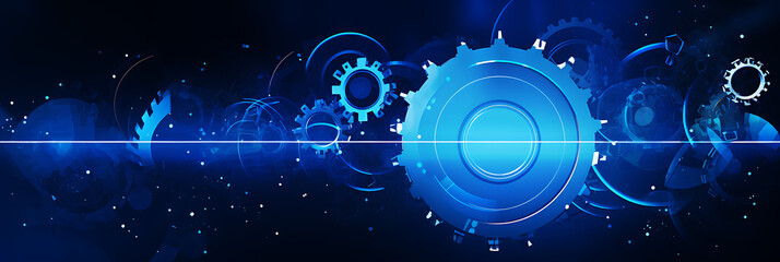 Digital technology banner with a digital earth and gear icon on a blue background, web design elements for a business website header or cover photo, generative ai