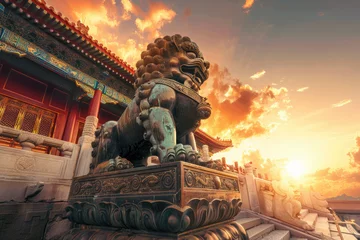 Fotobehang In the ancient Chinese Forbidden City, there is an oversized bronze lion and copper ball on both sides of its feet. © Kien