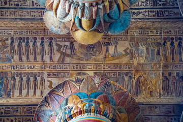 Incredible frescoes of the Temple of Esna, Temple of Khnum, colored hieroglyphs, ancient Egypt,...