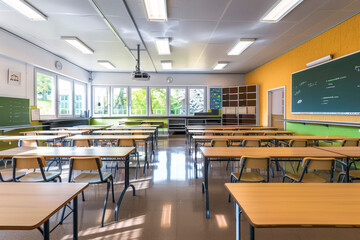 empty classroom with tables and chairs.