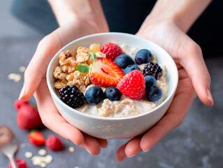 Oatmeal bowl with raspberry, cashew nuts and hemp seeds in female's hands. Clean eating, dieting concept