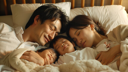 Asian family sleeping peacefully, happy faces, cozy bedroom setting, soft morning light