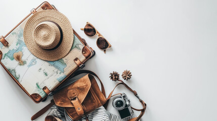 Travel concept with vintage suitcase, straw hat, sunglasses, and camera on white background, perfect for holiday and adventure themes - obrazy, fototapety, plakaty