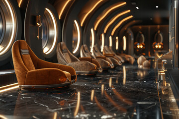 Create an AI-rendered scene capturing the essence of a futuristic cinema hall, with close-up shots offering a detailed exploration of the elegant chair settings, their futuristic design elements - obrazy, fototapety, plakaty