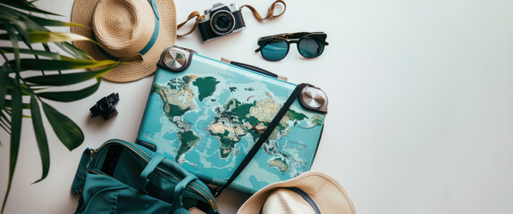 Elegant travel layout with world map suitcase, tropical plant, camera, and stylish sunglasses, invoking a sense of wanderlust and global travel
