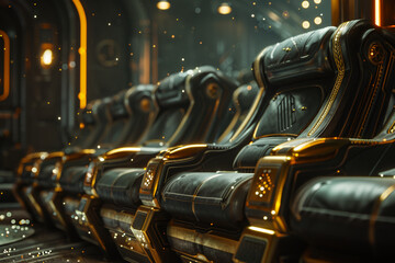 Create an AI-rendered scene capturing the essence of a futuristic cinema hall, with close-up shots offering a detailed exploration of the elegant chair settings, their futuristic design elements enhan