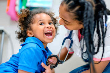 Woman doctor and little girl applying medical stethoscope at doctor appointments in laboratory lab. Education healthcare, medicine childrens hospital concept learning for kids