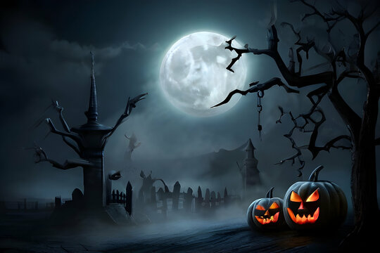 halloween background with pumpkins halloween, pumpkin, night, autumn, moon, horror, holiday, bat, vector, scary, tree, dark, illustration, Ai generated 